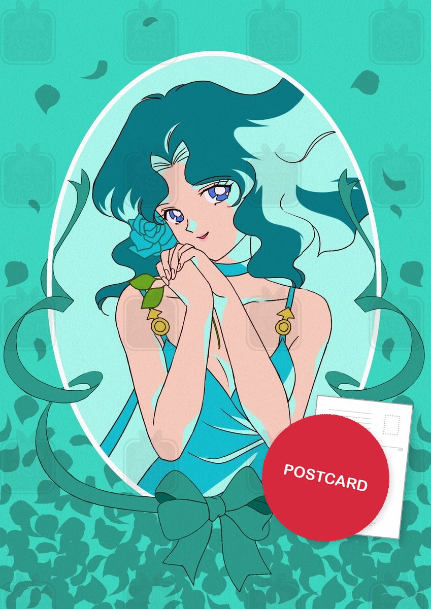 Princess Neptune — portrait of Princess Neptune in an oval frame with a rose, ribbons and aqua petals, digital fan art postcard by Valery ASH, 2023