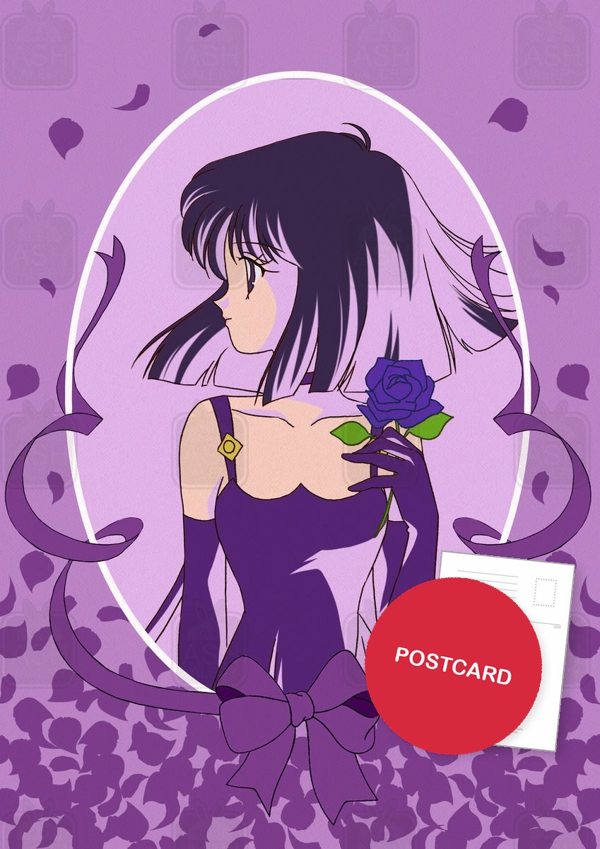 Princess Saturn — portrait of Princess Saturn in an oval frame with a rose, ribbons and violet petals, digital fan art postcard by Valery ASH, 2023