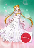 Princess Serenity in a white gown on a green and pink background with soap bubbles