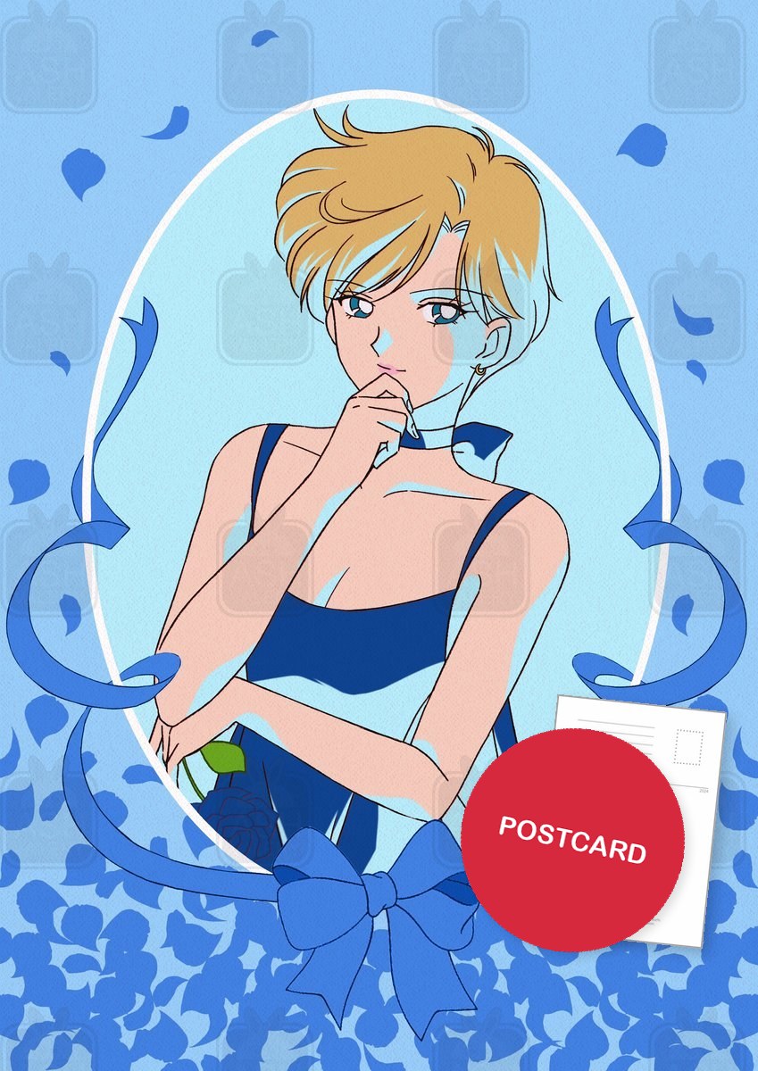 Princess Uranus — portrait of Princess Uranus in an oval frame with a rose, ribbons and blue petals, digital fan art postcard by Valery ASH, 2023