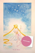 Reaching for the Stars — Princess Serenity seen from behind, reaching up to a starry sky, watercolour fan art postcard by Valery ASH, 2024