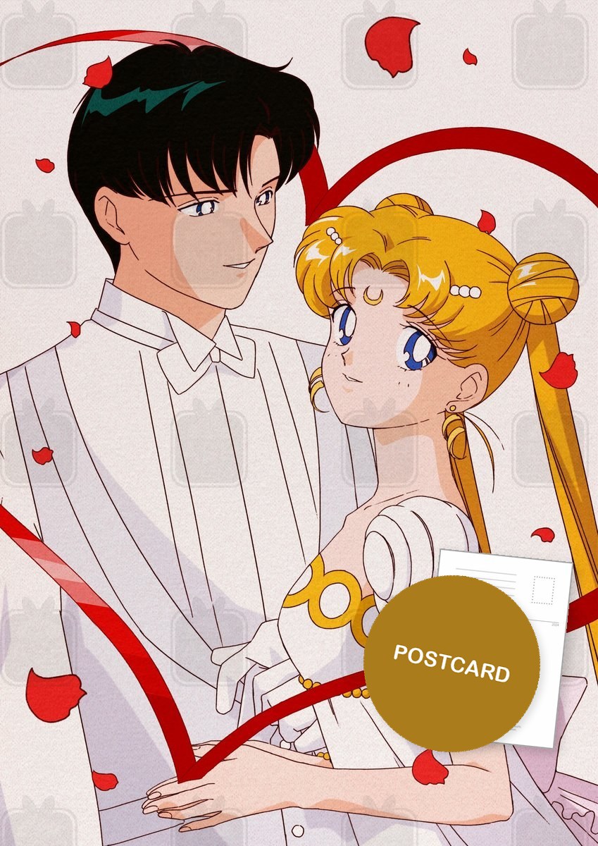 Red Thread — Mamoru and Usagi in wedding clothes framed by a red ribbon heart, digital fan art postcard by Valery ASH, 2022