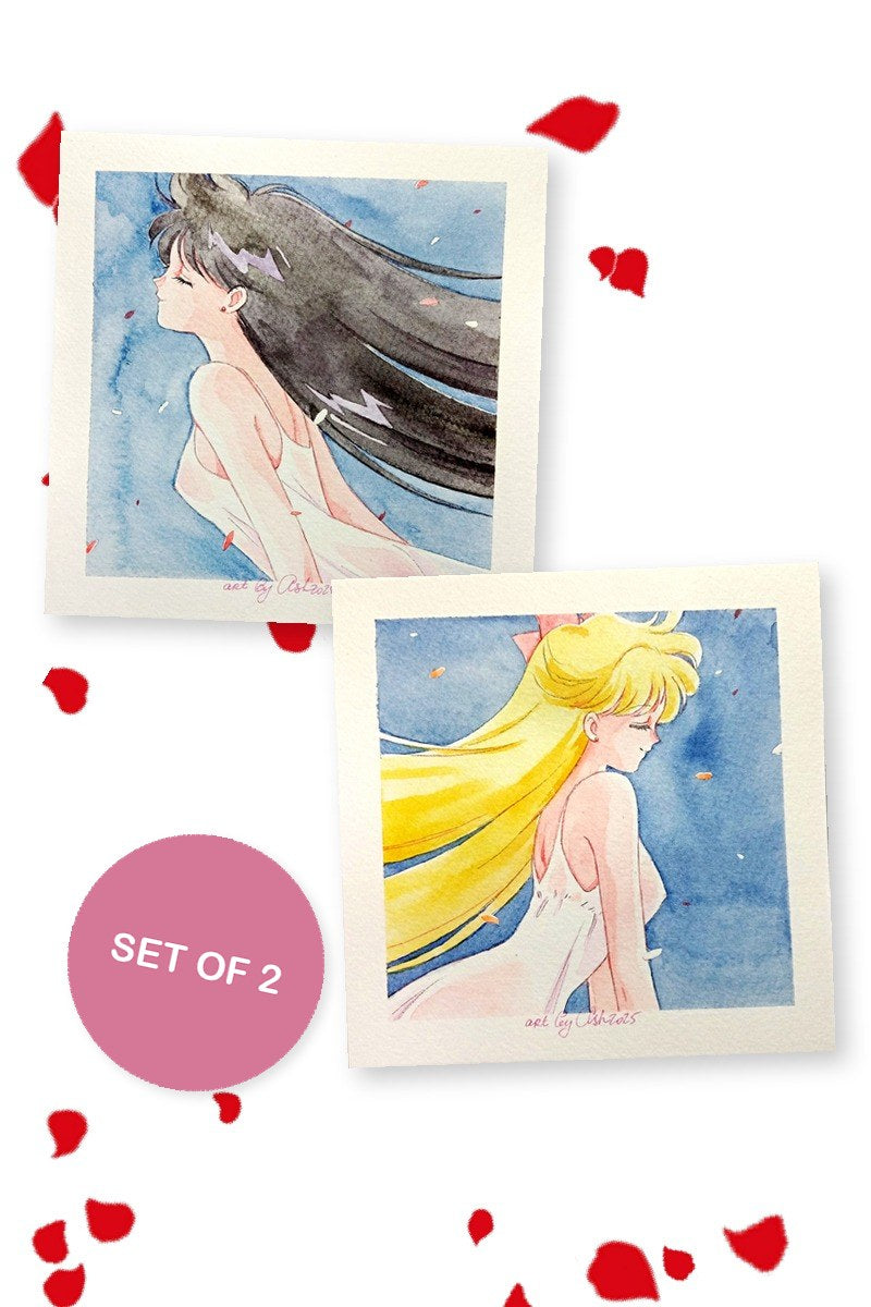 Two square linen prints: Rei and Minako with their hair in the wind against a blue sky