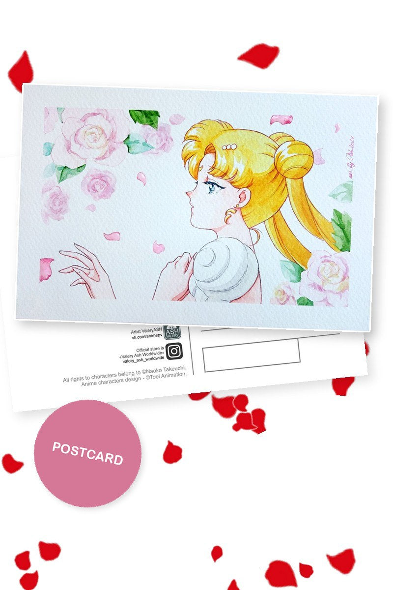 Rose Garden Princess — Princess Serenity in profile among pink roses and petals, watercolour fan art postcard by Valery ASH, 2024