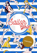 Sailor Girls: All Together — Usagi, Ami, Rei, Makoto and Minako in pin-up sailor outfits around a Sailor Girls lifebuoy on blue and white stripes, digital fan art postcard by Valery ASH, 2026