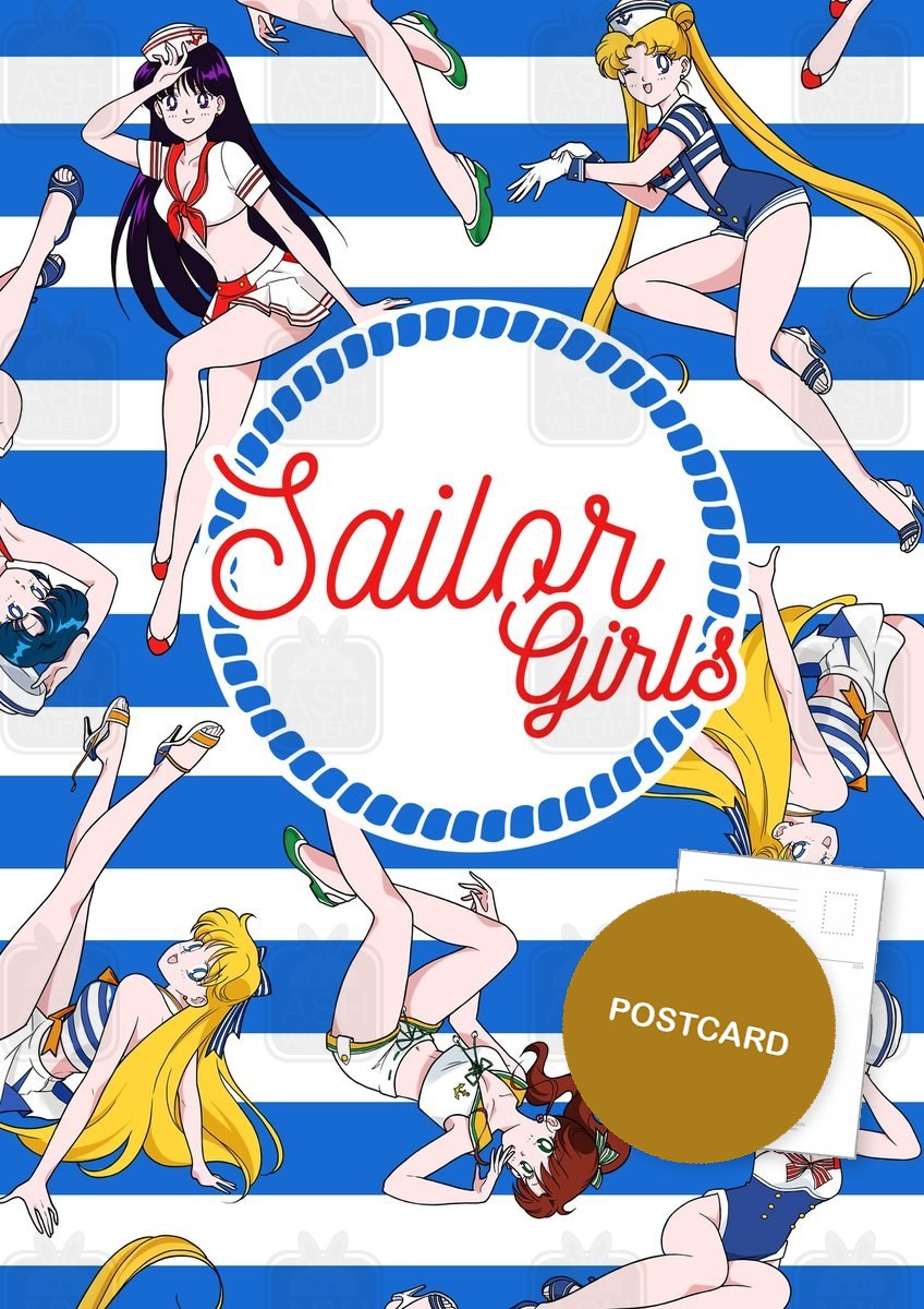 Sailor Girls: All Together — Usagi, Ami, Rei, Makoto and Minako in pin-up sailor outfits around a Sailor Girls lifebuoy on blue and white stripes, digital fan art postcard by Valery ASH, 2026