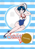 Sailor Girls: Ami — Ami in a pin-up sailor swimsuit on blue and white stripes with Sailor Girls lettering, digital fan art postcard by Valery ASH, 2026
