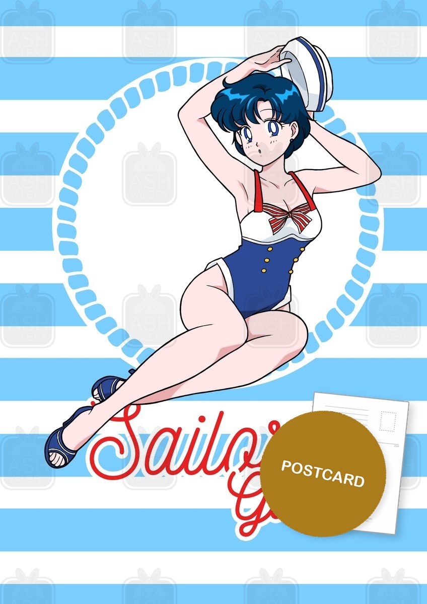 Sailor Girls: Ami — Ami in a pin-up sailor swimsuit on blue and white stripes with Sailor Girls lettering, digital fan art postcard by Valery ASH, 2026