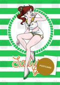 Sailor Girls: Makoto — Makoto in a pin-up sailor outfit on green and white stripes with Sailor Girls lettering, digital fan art postcard by Valery ASH, 2026