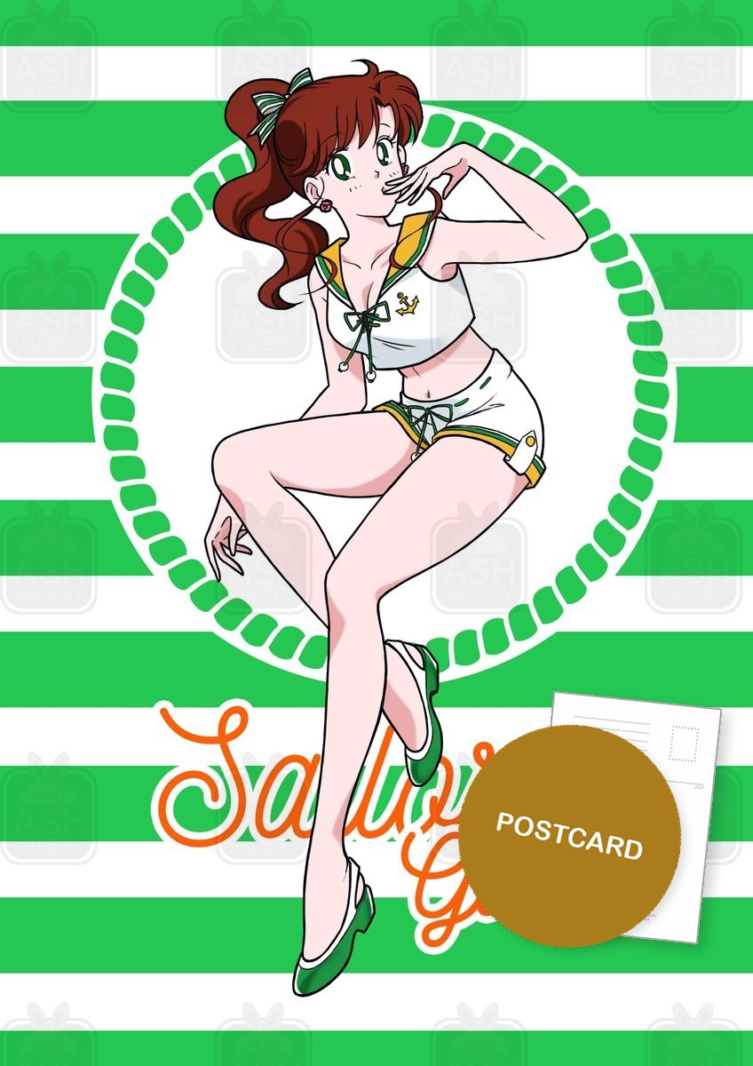 Sailor Girls: Makoto — Makoto in a pin-up sailor outfit on green and white stripes with Sailor Girls lettering, digital fan art postcard by Valery ASH, 2026