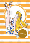 Sailor Girls: Minako — Minako in a pin-up sailor outfit on orange and white stripes with Sailor Girls lettering, digital fan art postcard by Valery ASH, 2026