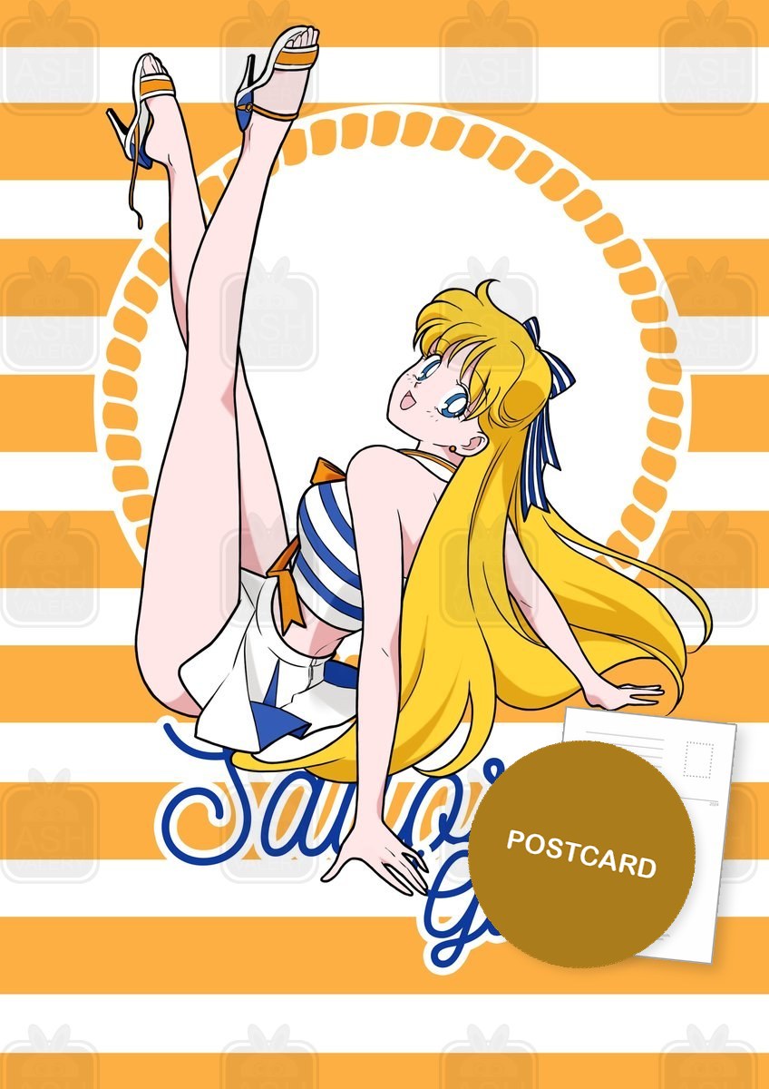 Sailor Girls: Minako — Minako in a pin-up sailor outfit on orange and white stripes with Sailor Girls lettering, digital fan art postcard by Valery ASH, 2026