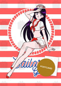 Sailor Girls: Rei — Rei in a pin-up sailor outfit on red and white stripes with Sailor Girls lettering, digital fan art postcard by Valery ASH, 2026