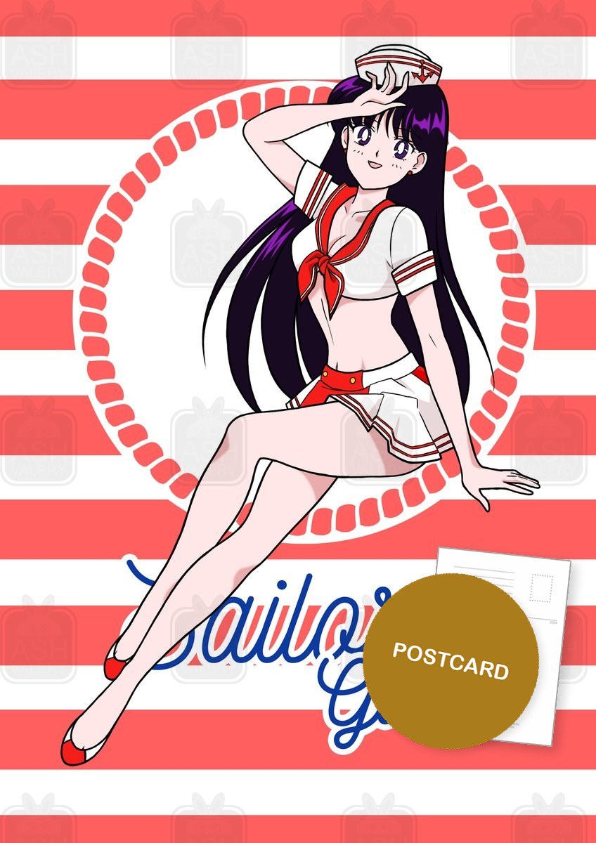 Sailor Girls: Rei — Rei in a pin-up sailor outfit on red and white stripes with Sailor Girls lettering, digital fan art postcard by Valery ASH, 2026
