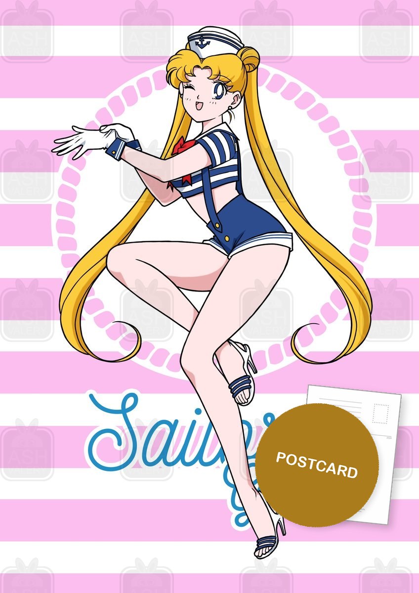 Sailor Girls: Usagi — Usagi in a pin-up sailor outfit on pink and white stripes with Sailor Girls lettering, digital fan art postcard by Valery ASH, 2026
