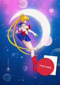 Sailor Moon flying in front of a glowing crescent moon on a deep blue starry background