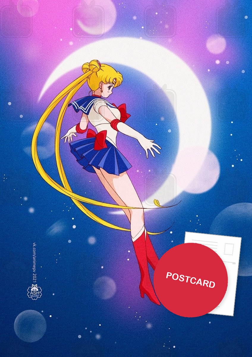 Sailor Moon flying in front of a glowing crescent moon on a deep blue starry background