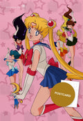 Sailor Moon leaping forward with Mars, Mercury, Venus and Jupiter on a pink starry background