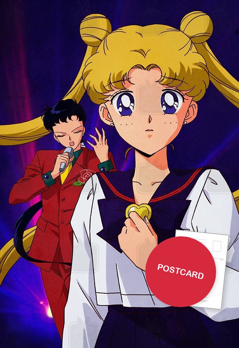 Search for your love — Usagi with Seiya singing on stage behind her, digital fan art postcard by Valery ASH, 2025