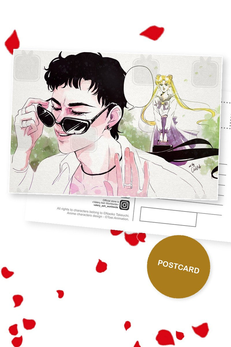 Seiya's Glance — Seiya lowering his sunglasses with Usagi in the distance, digital fan art postcard by Valery ASH, 2024