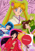 Senshi in Kimono — Usagi, Ami, Rei, Makoto and Minako in festive kimonos with fans and flowers, digital fan art postcard by Valery ASH, 2024