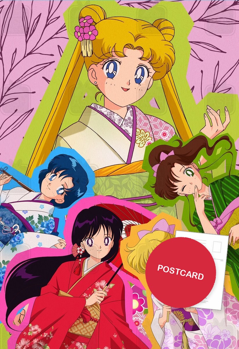 Senshi in Kimono — Usagi, Ami, Rei, Makoto and Minako in festive kimonos with fans and flowers, digital fan art postcard by Valery ASH, 2024