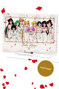 All Sailor Senshi and Chibiusa in white dresses with falling rose petals, Sailor Moon frame, horizontal postcard