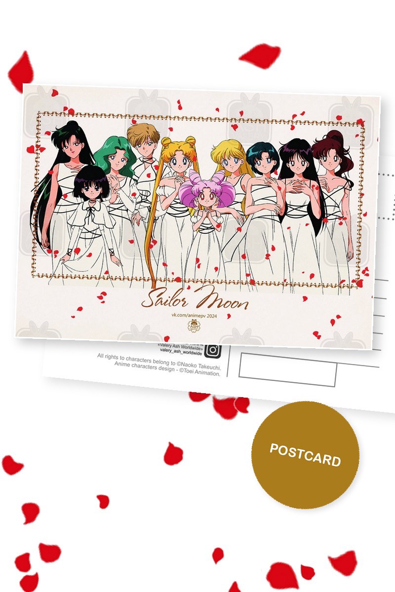 All Sailor Senshi and Chibiusa in white dresses with falling rose petals, Sailor Moon frame, horizontal postcard