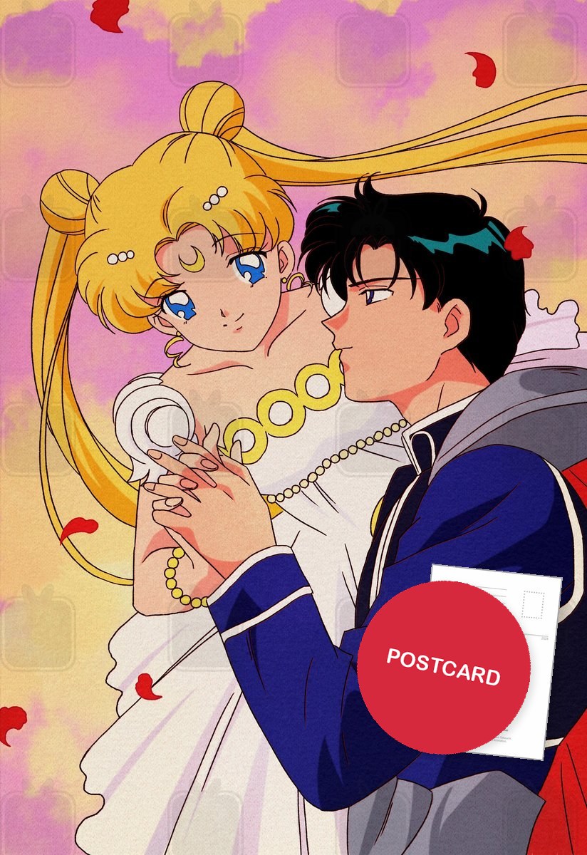 Serenity and Endymion — Princess Serenity and Prince Endymion embracing among petals, digital fan art postcard by Valery ASH, 2024