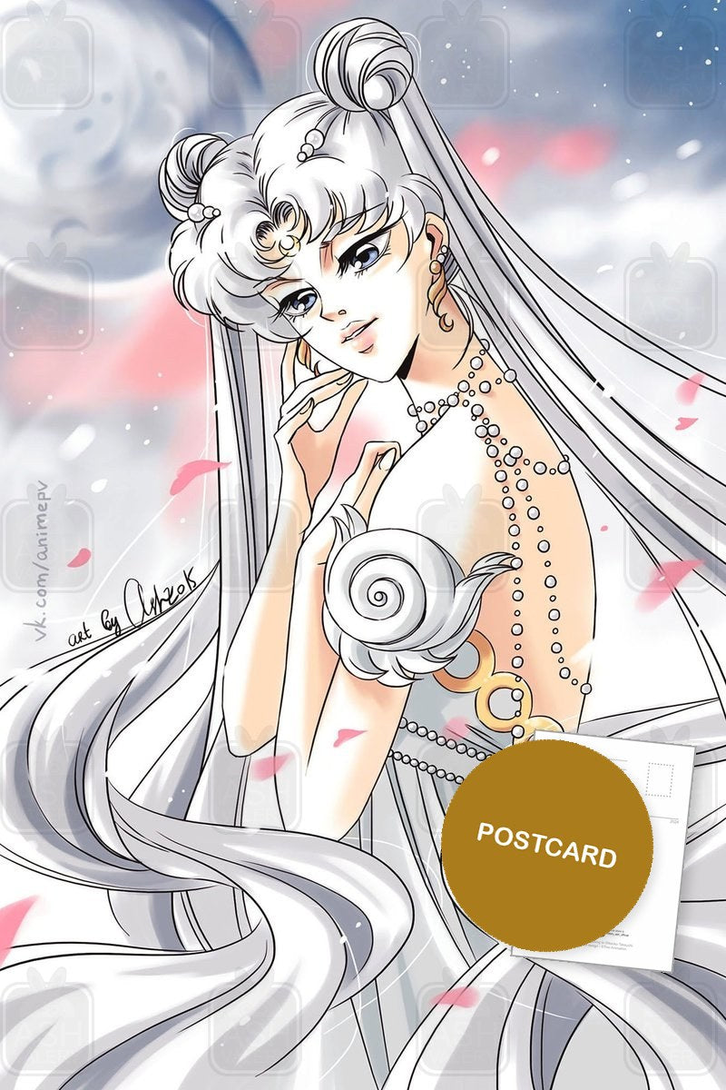 Silver Queen — Neo-Queen Serenity in silver tones with pearls, digital fan art postcard by Valery ASH, 2015