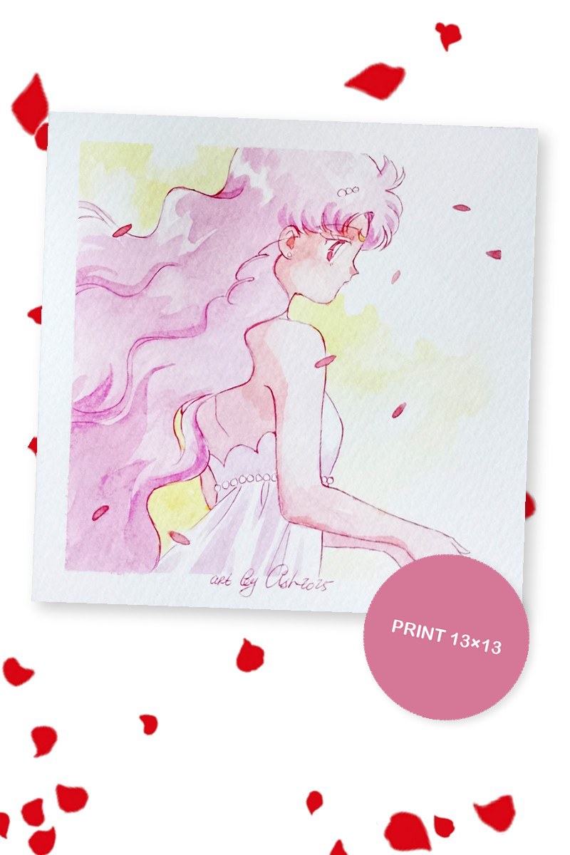 Grown-up Small Lady with long pink hair in a white dress