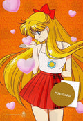 Minako Aino blowing a pink heart, plaid skirt on an orange hearts background, digital fan art by Valery ASH