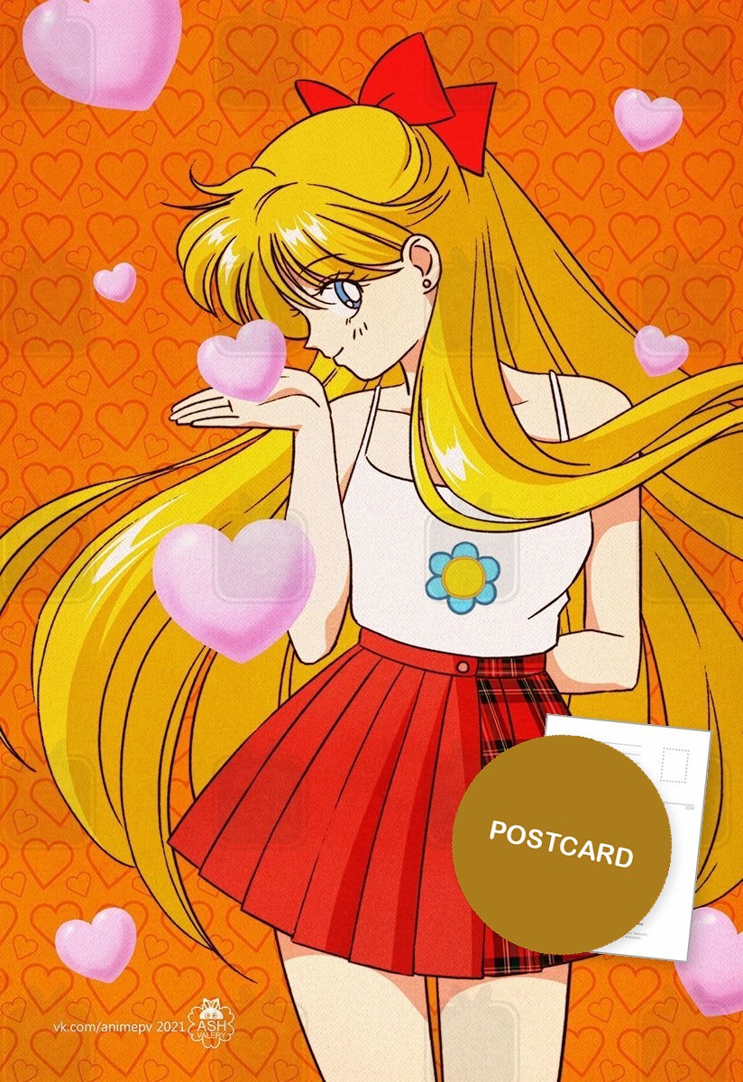 Minako Aino blowing a pink heart, plaid skirt on an orange hearts background, digital fan art by Valery ASH