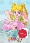 Splash — Usagi in a swimsuit pulling Chibiusa out of the sea, digital fan art postcard by Valery ASH, 2023