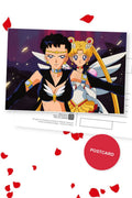 Star and Moon — Sailor Star Fighter and Eternal Sailor Moon side by side against the night sky, digital fan art postcard by Valery ASH, 2024