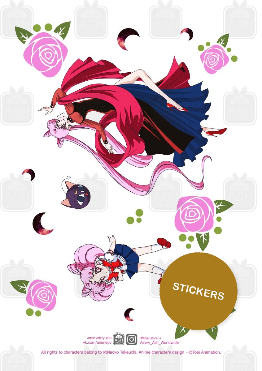 Black Lady and Chibiusa with pink roses, A5 sheet of die-cut stickers