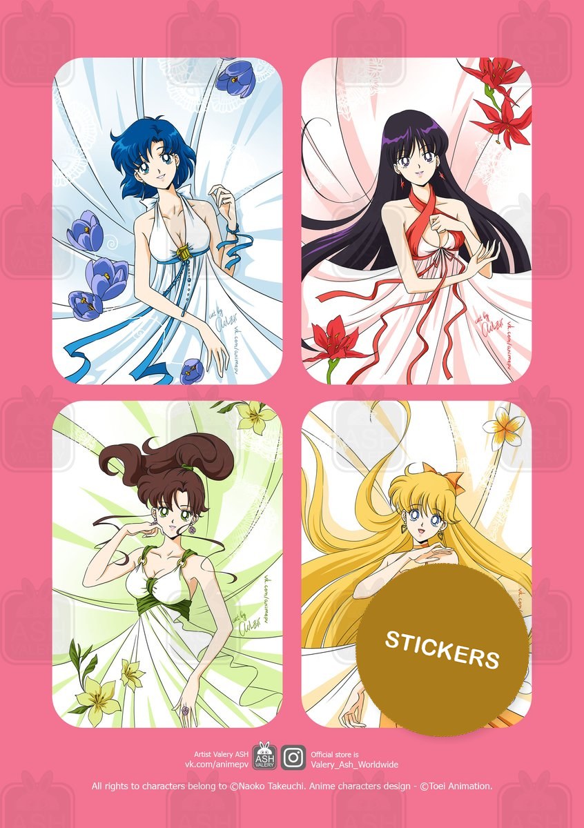Inner senshi in flower dresses, A5 sheet of die-cut stickers