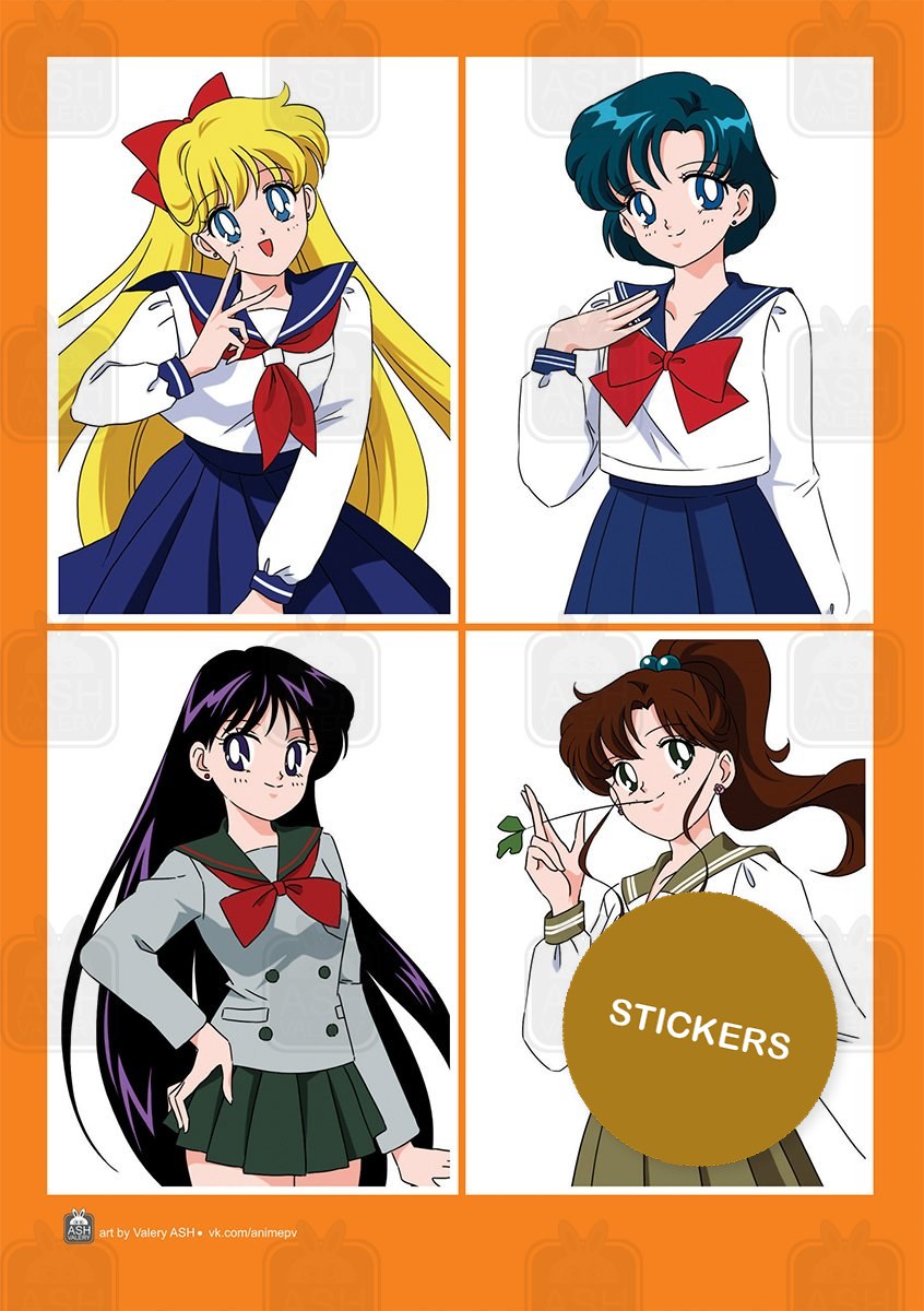 Inner senshi in school uniforms, A5 sheet of die-cut stickers
