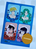 Haruka, Michiru, Setsuna and Hotaru among roses, striped frames on blue