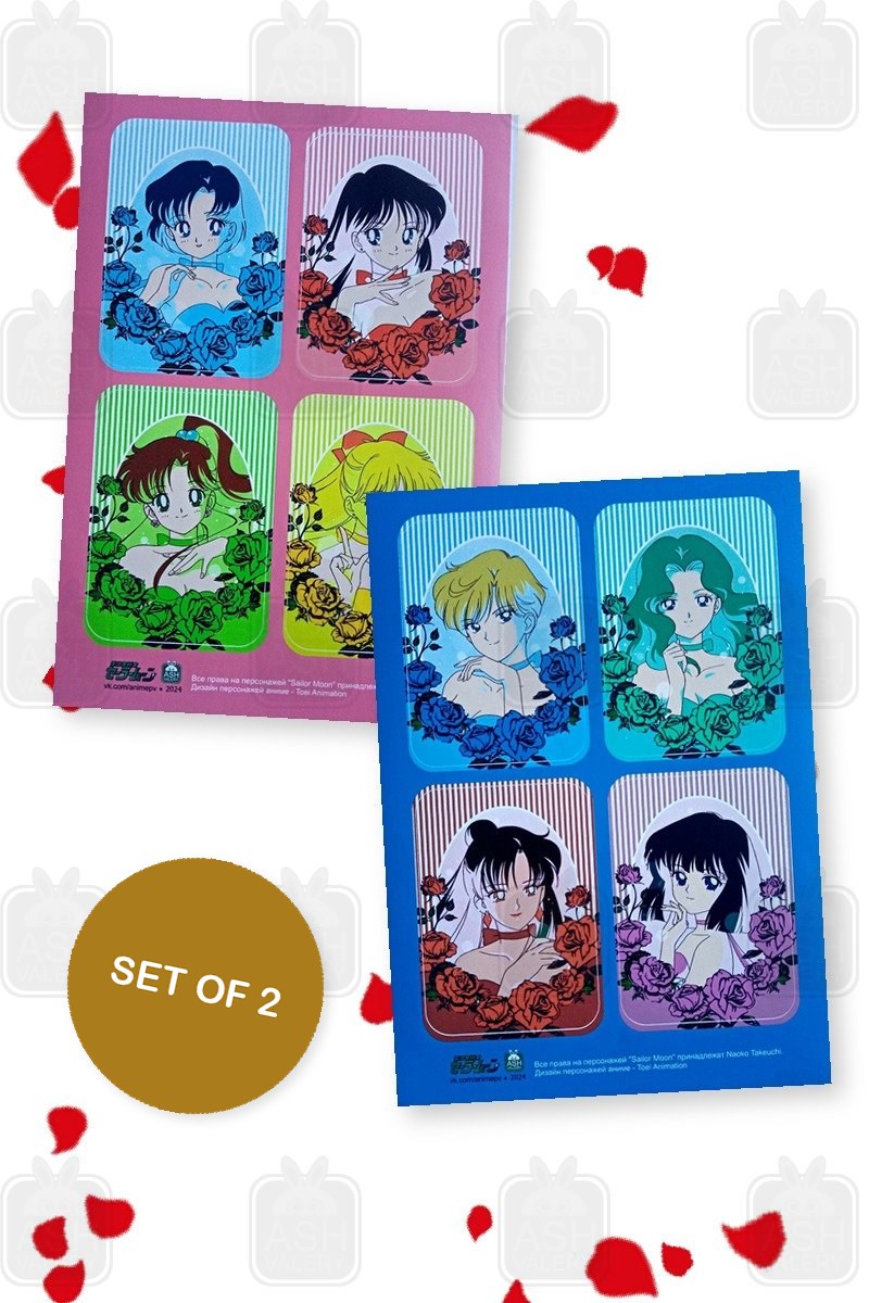 Set of 2 A5 sticker sheets: Inner and Outer Senshi in roses, fan art by Valery ASH