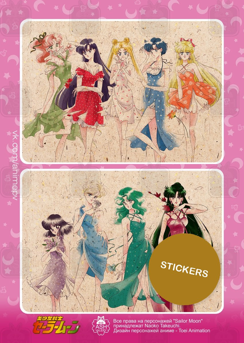Senshi in Dresses — sticker sheet with two die-cut stickers: inner and outer senshi in flowing summer dresses, sketch-style art, fan art by Valery ASH