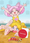 Summer Fun — Chibiusa leaping happily over Usagi lying on the sand by the sea, digital fan art postcard by Valery ASH, 2023