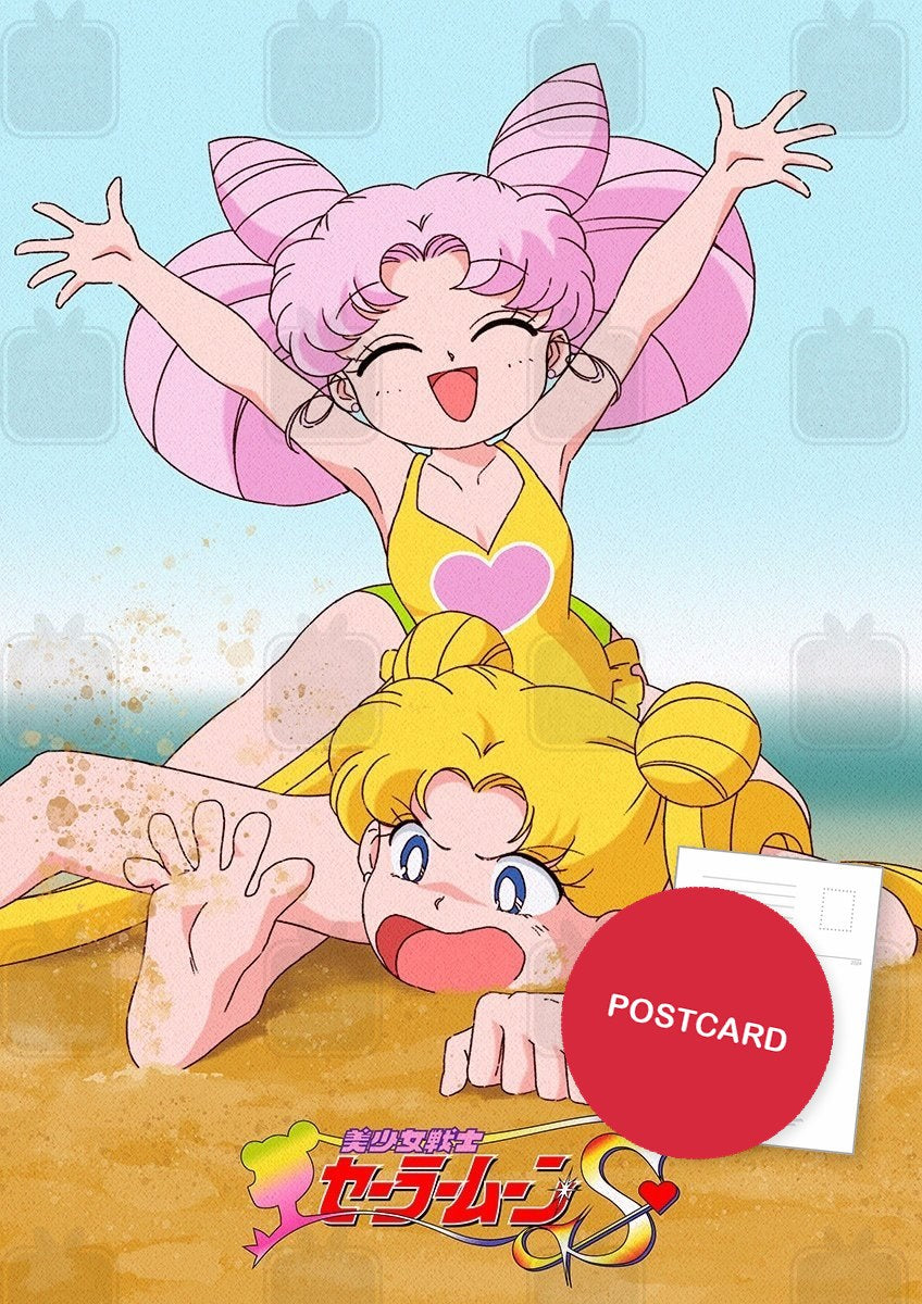 Summer Fun — Chibiusa leaping happily over Usagi lying on the sand by the sea, digital fan art postcard by Valery ASH, 2023