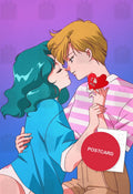 Sweet Kiss — Haruka kissing Michiru with a red heart in hand, digital fan art postcard by Valery ASH, 2023