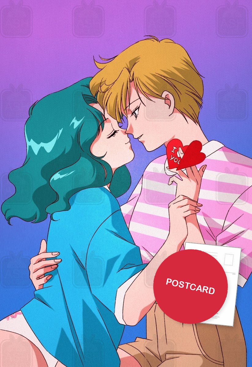 Sweet Kiss — Haruka kissing Michiru with a red heart in hand, digital fan art postcard by Valery ASH, 2023