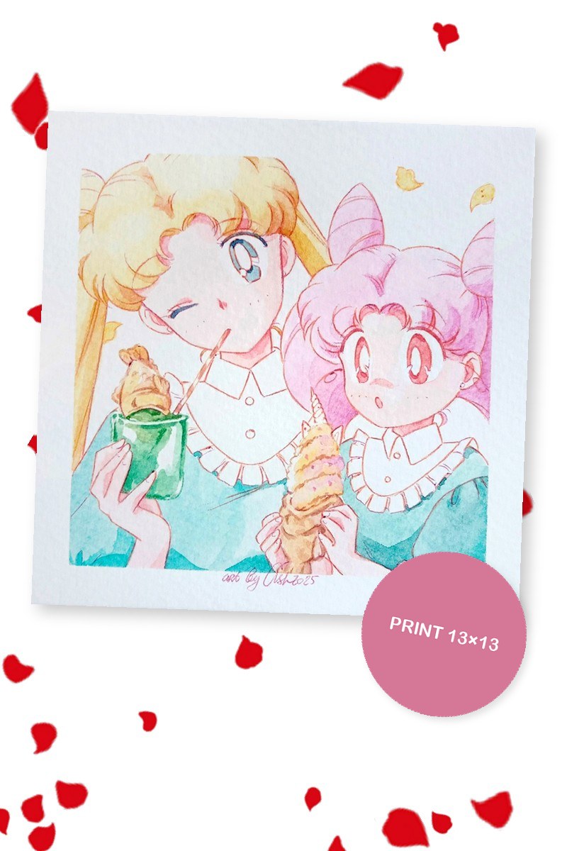 Usagi and Chibiusa in matching dresses with ice cream and a melon soda