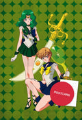 Talismans — Sailor Neptune with the Deep Aqua Mirror and Sailor Uranus with the Space Sword on a green polka dot background, digital fan art postcard by Valery ASH, 2024