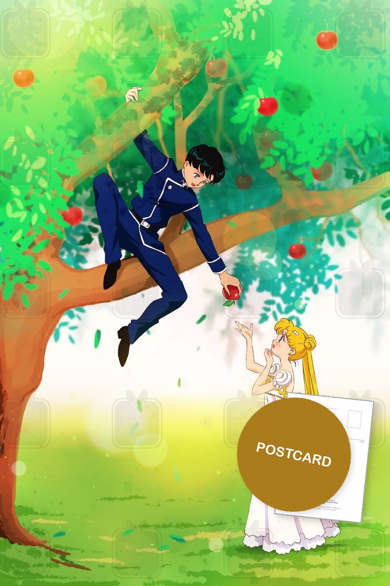 The Apple Tree — Mamoru in an apple tree reaching down to Princess Serenity, digital fan art postcard by Valery ASH, 2026
