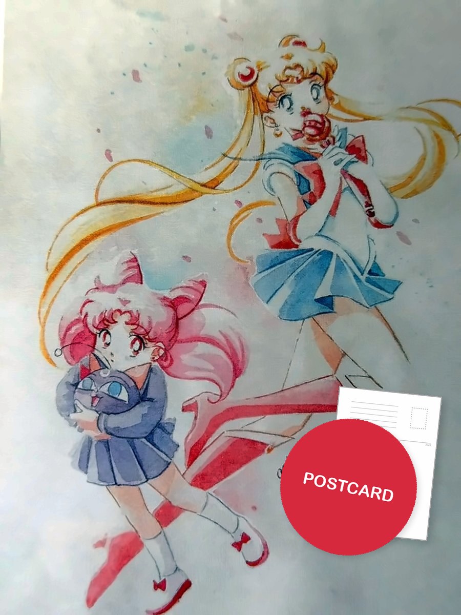 The Girl from the Sky — Sailor Moon and little Chibiusa with Luna-P, fan art postcard by Valery ASH, 2015