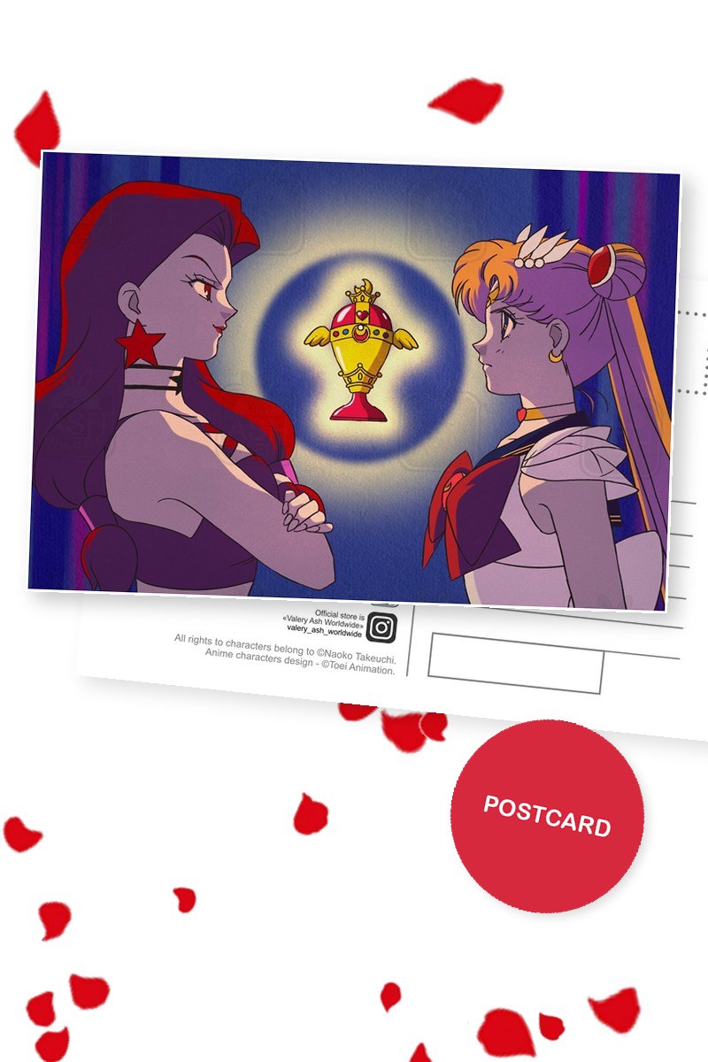 The Holy Grail — Sailor Moon and Kaolinite facing each other with the Holy Grail glowing between them, digital fan art postcard by Valery ASH, 2025